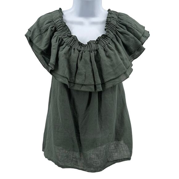 Young Fabulous and Broke Linen Blouse SZ Green Off Shoulder Pullover Ruffle Boho - Picture 1 of 7